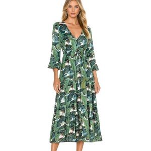 NWT Mary Marshmallow Cotton Anna Tropical Palm Midi Dress Green Size XS
